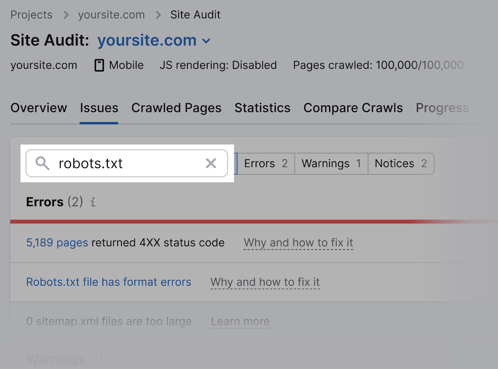 Search for “robots.txt” in Site Audit