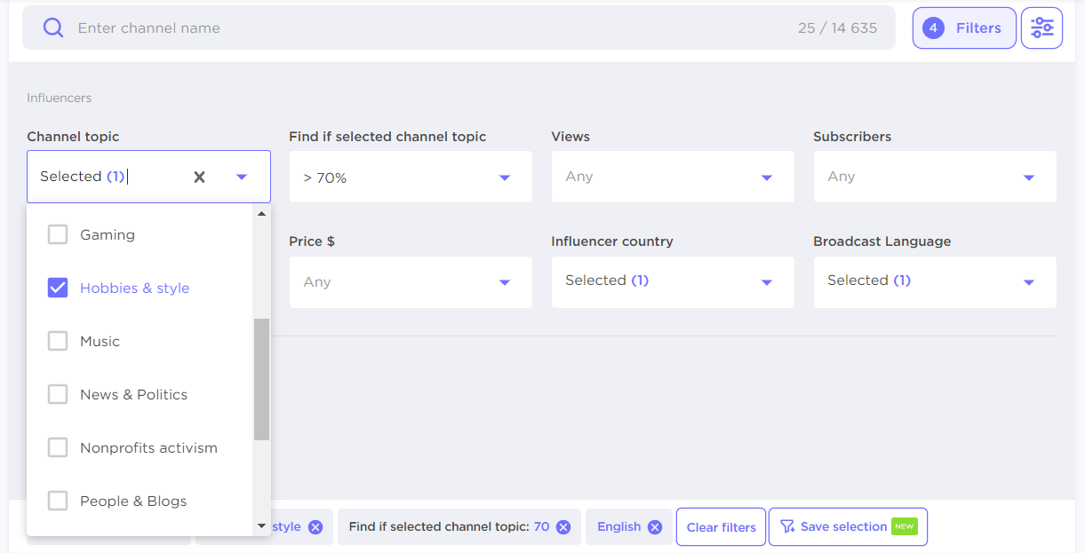 Setting up filters in Influencer Analytics tool