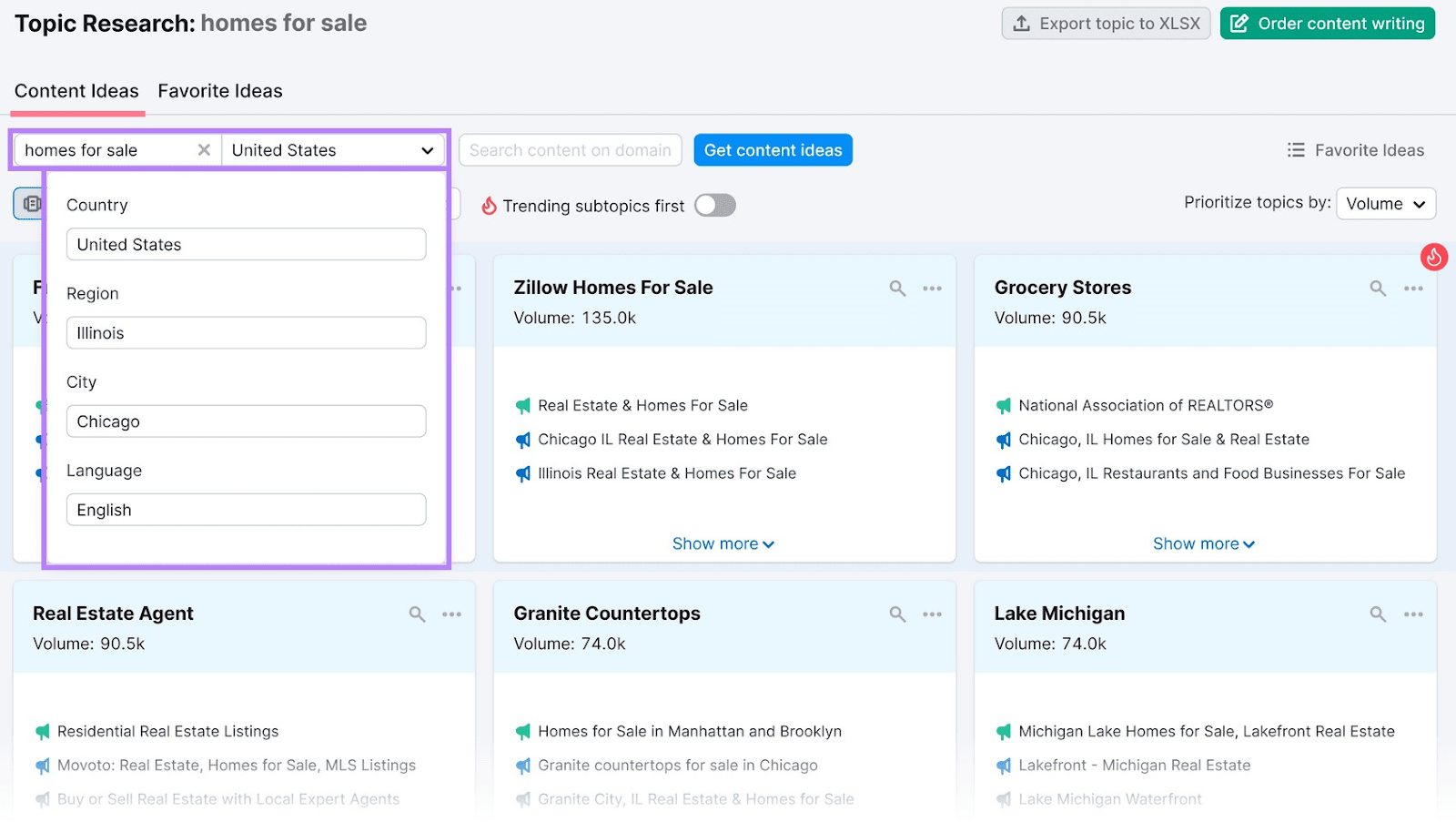 "Content Ideas" for "homes for sale" search in Topic Research tool