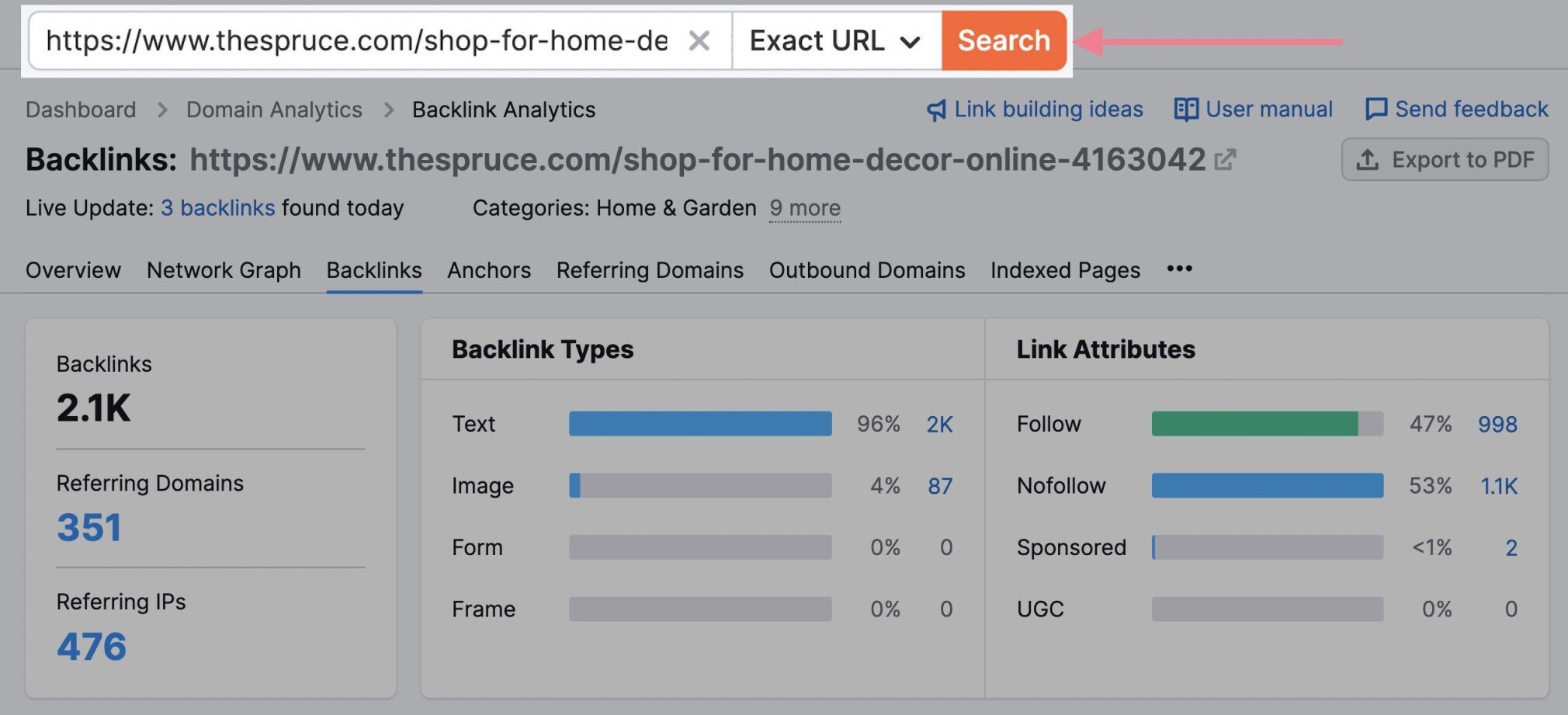 exact url search in backlink analytics