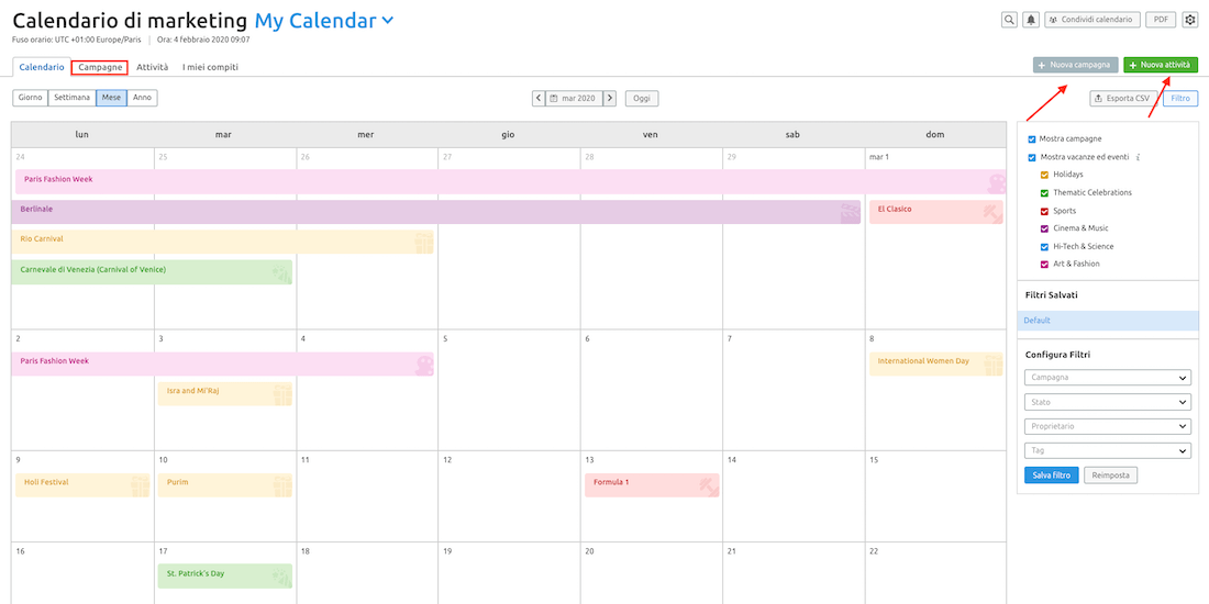 alcune istruzioni per usare il calendario di marketing di semrush