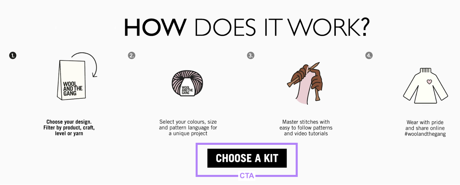 “Choose a Kit” CTA on Wool and the Gang's site