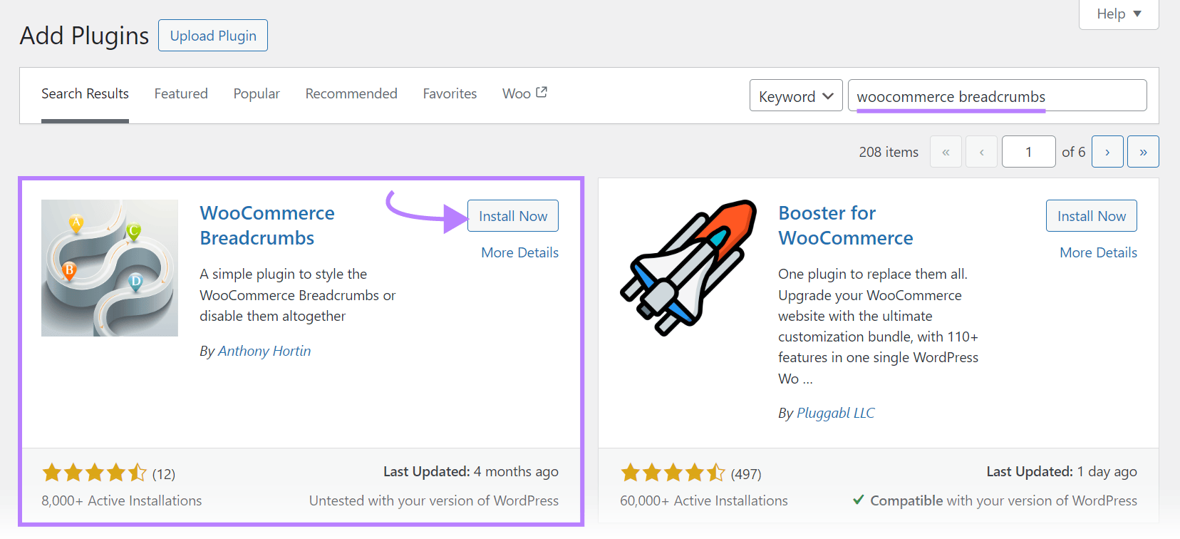 WooCommerce Breadcrumbs plugin within the "Add Plugins" page on WordPress