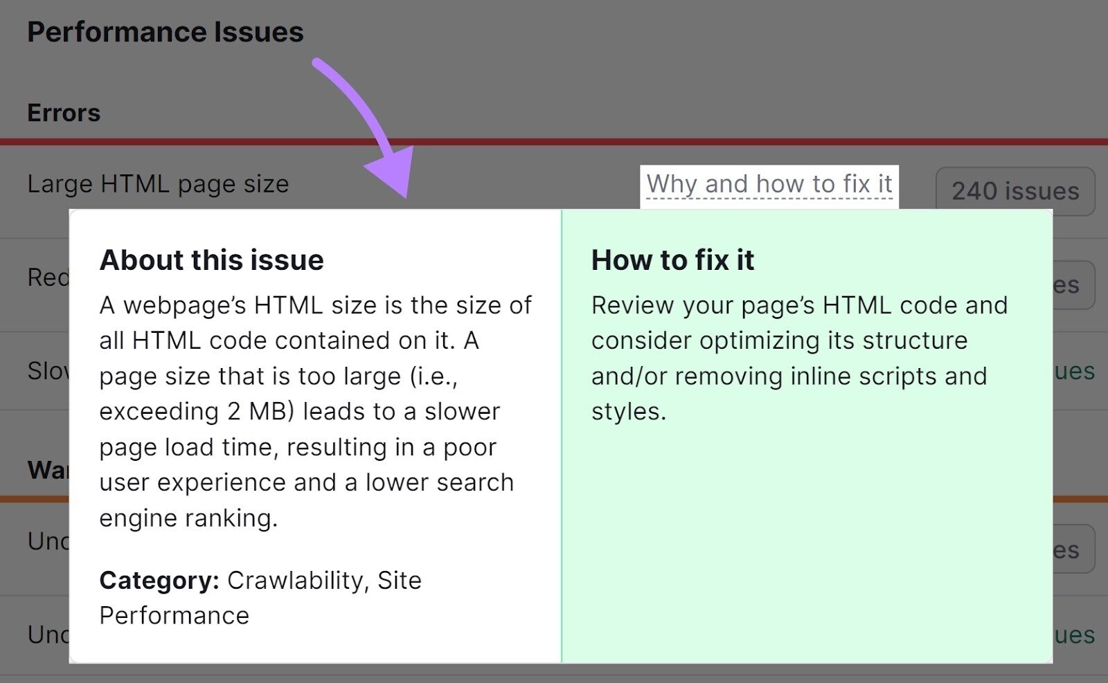 “Why and how to fix it” section for an issue with page load speed