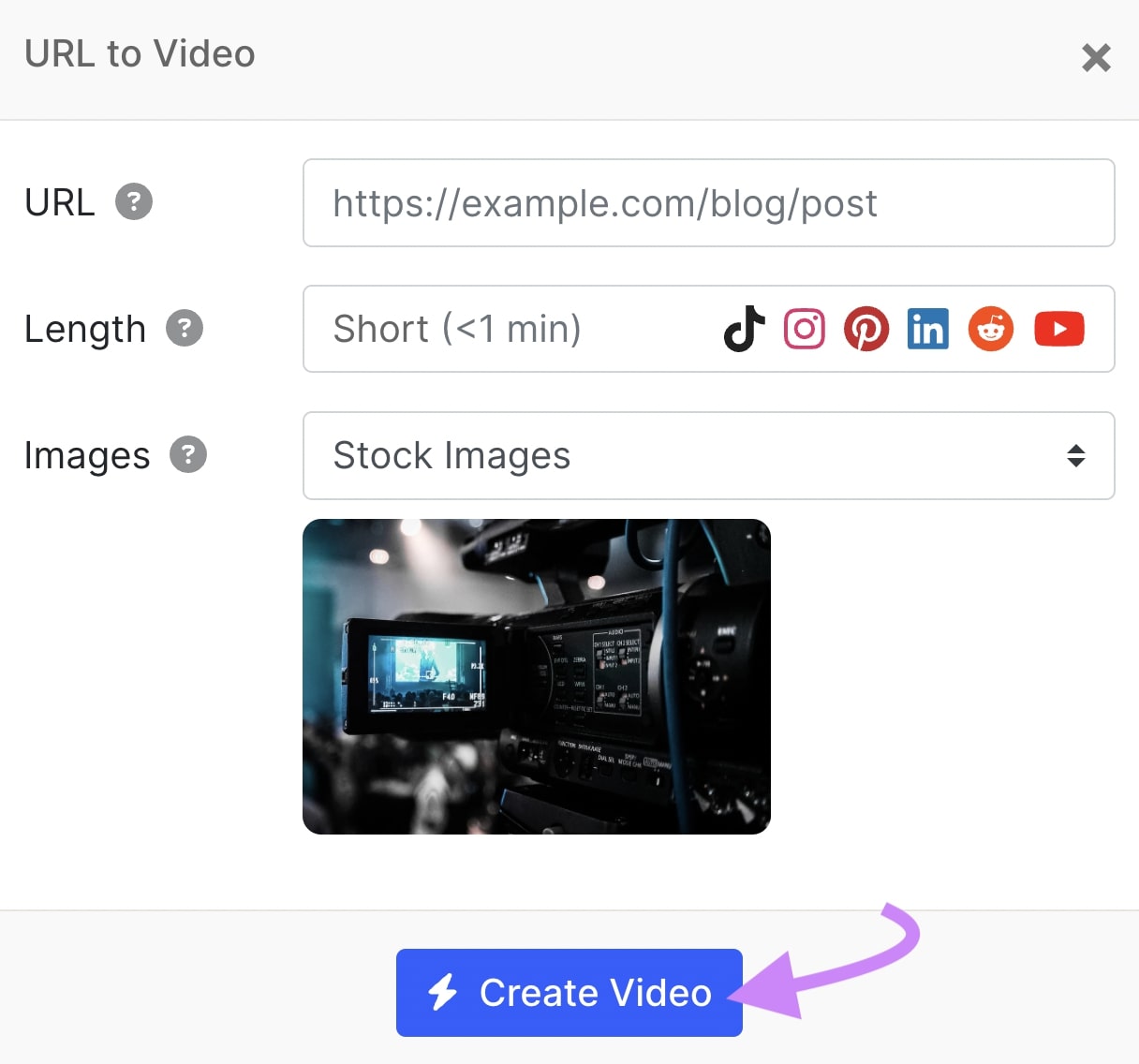 "URL to Video" pop-up window in Instant Video Creator