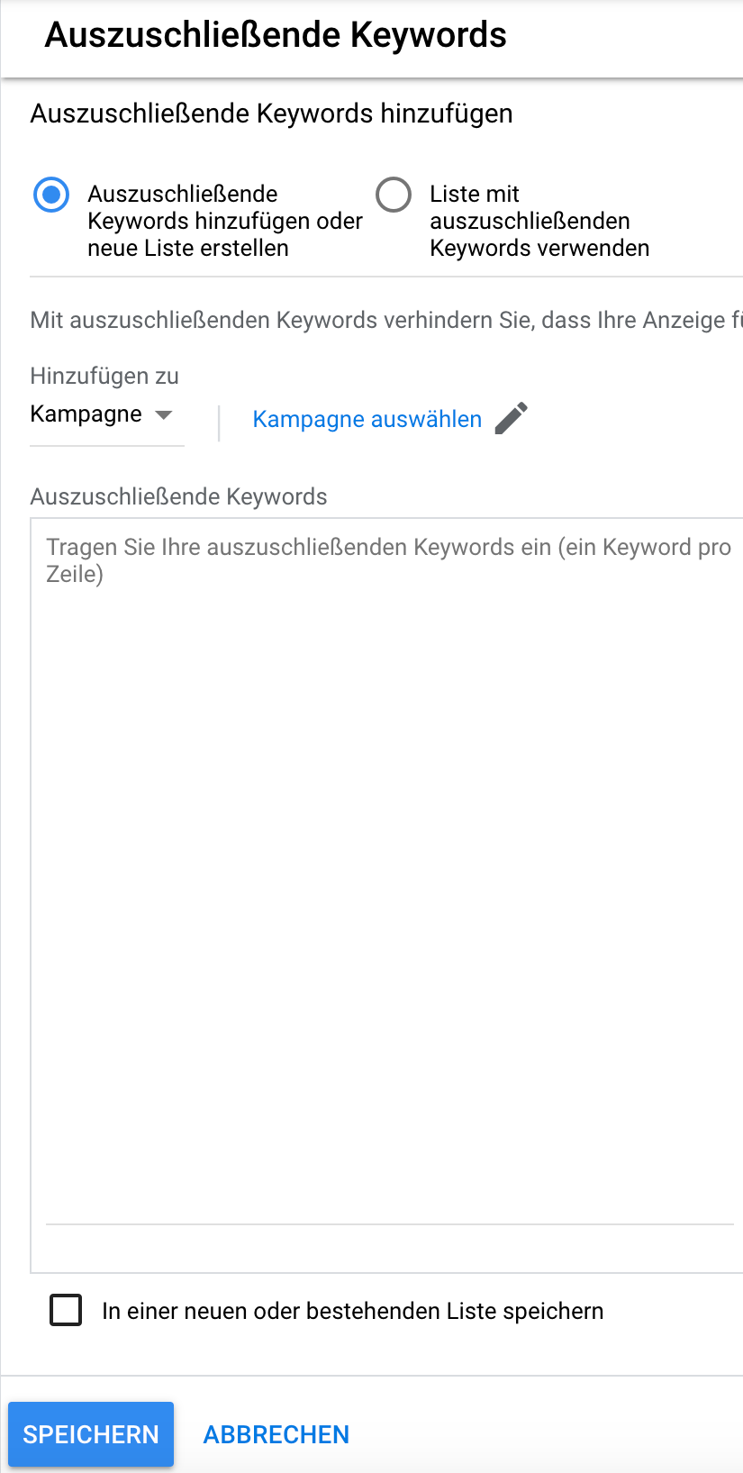 Auszuschließende Keywords zu Google Ads hinzufügen