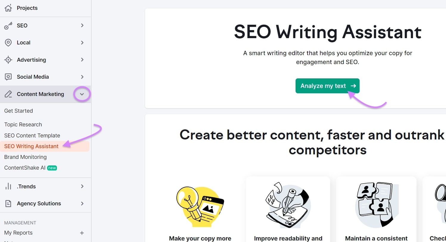 Analyze new text in SEO Writing Assistant