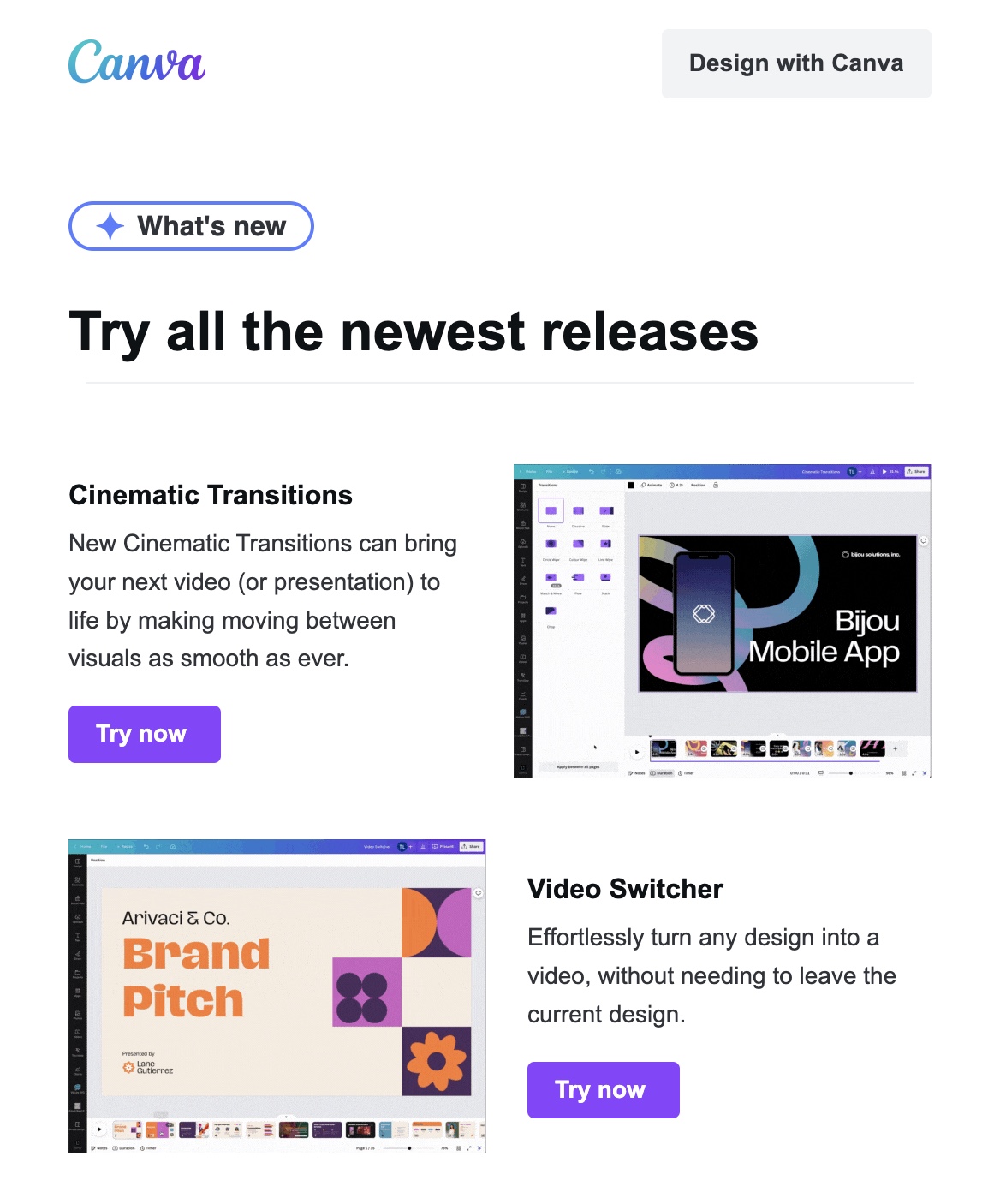 Email by Canva highlighting caller   features to existing customers.