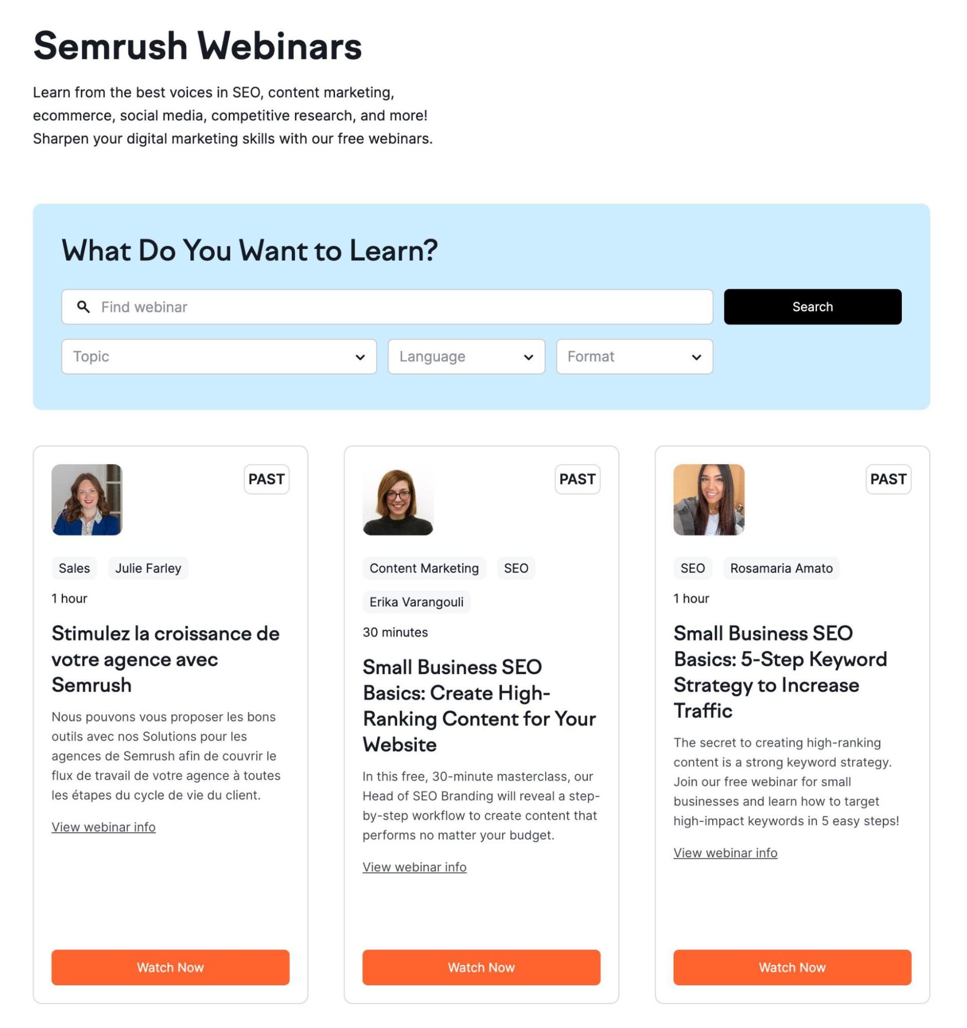Semrush Webinars landing page