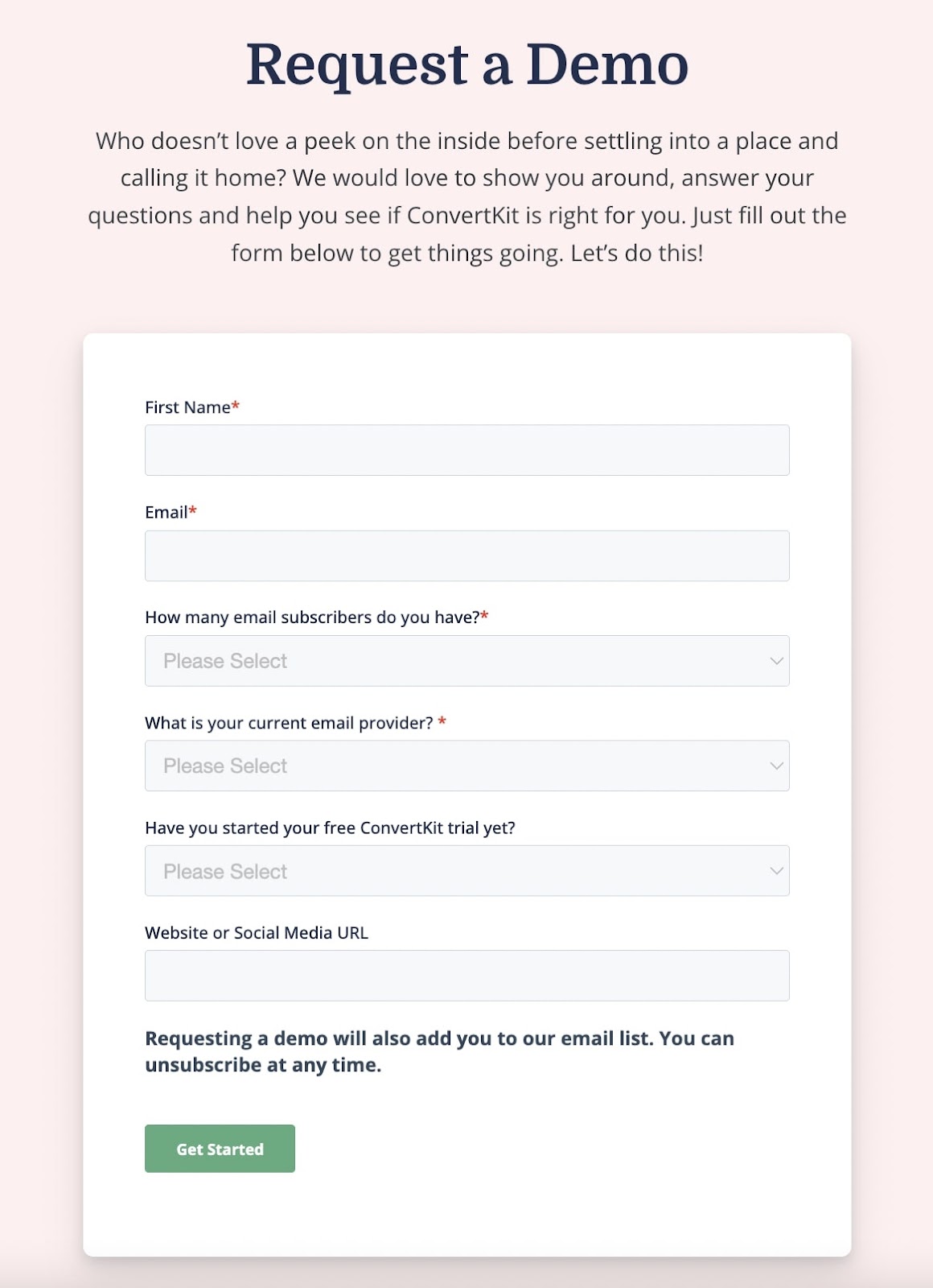 "Request a Demo" form from ConvertKit