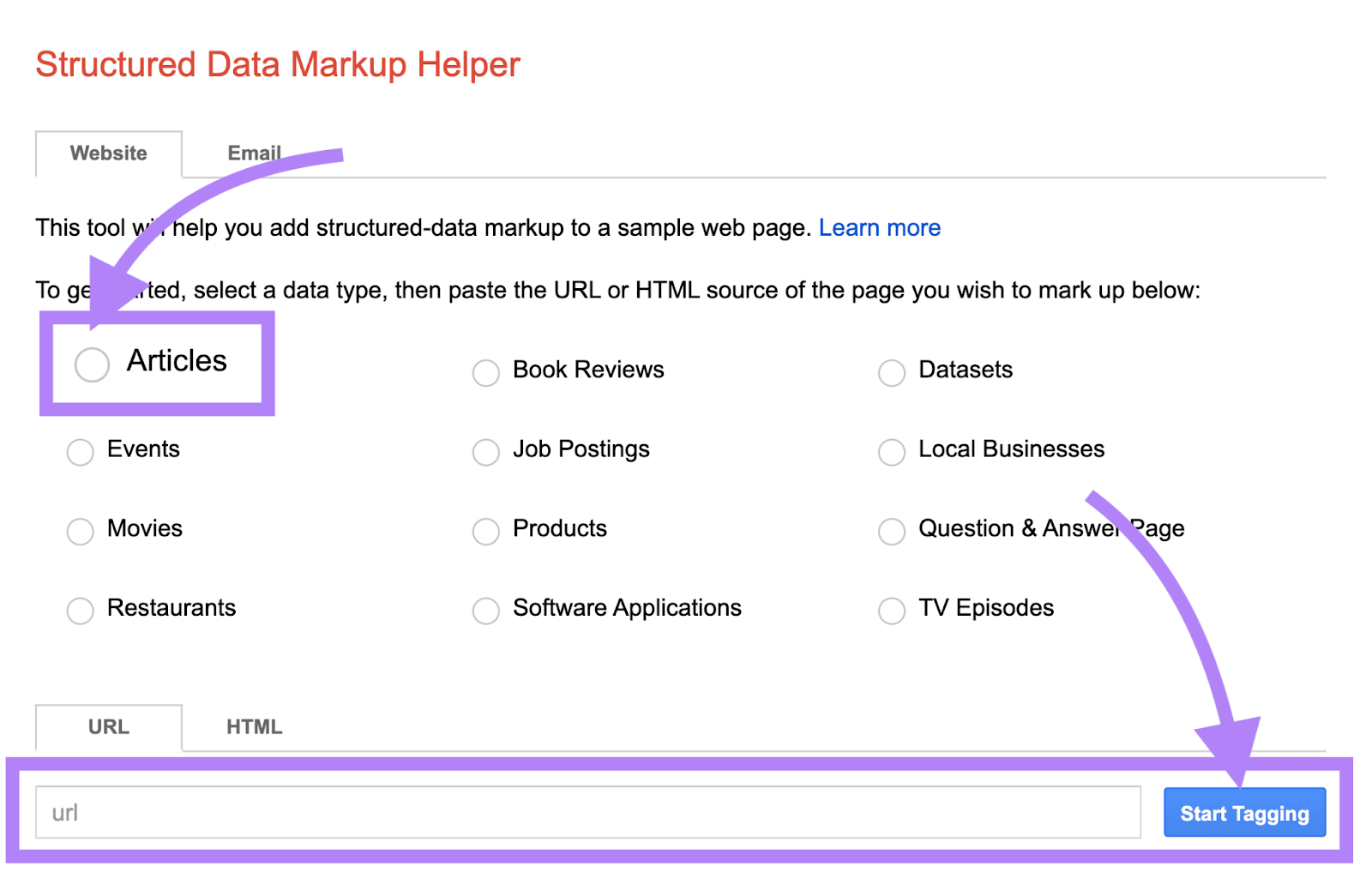 Structured Data Markup helper with "Articles" and the URL field highlighted