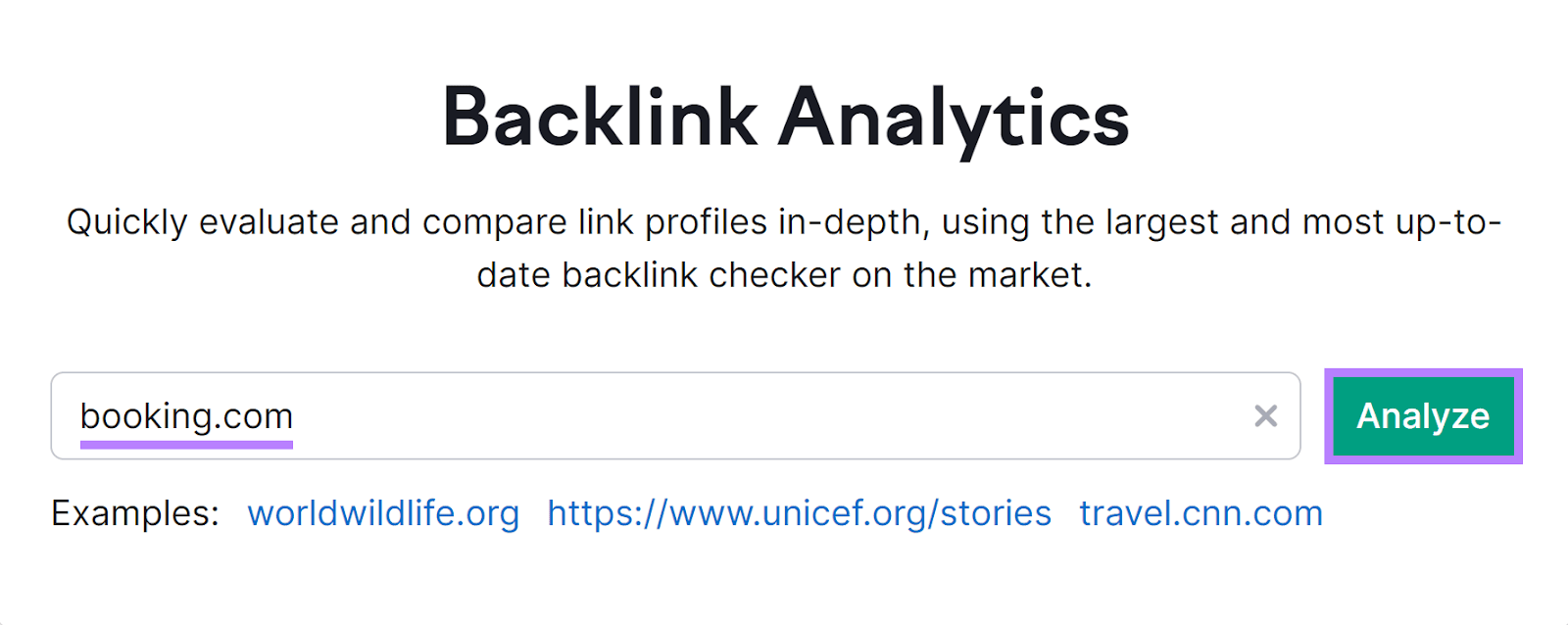 Backlink Analytics tool start with domain name in input field and 'Analyze' button highlighted.