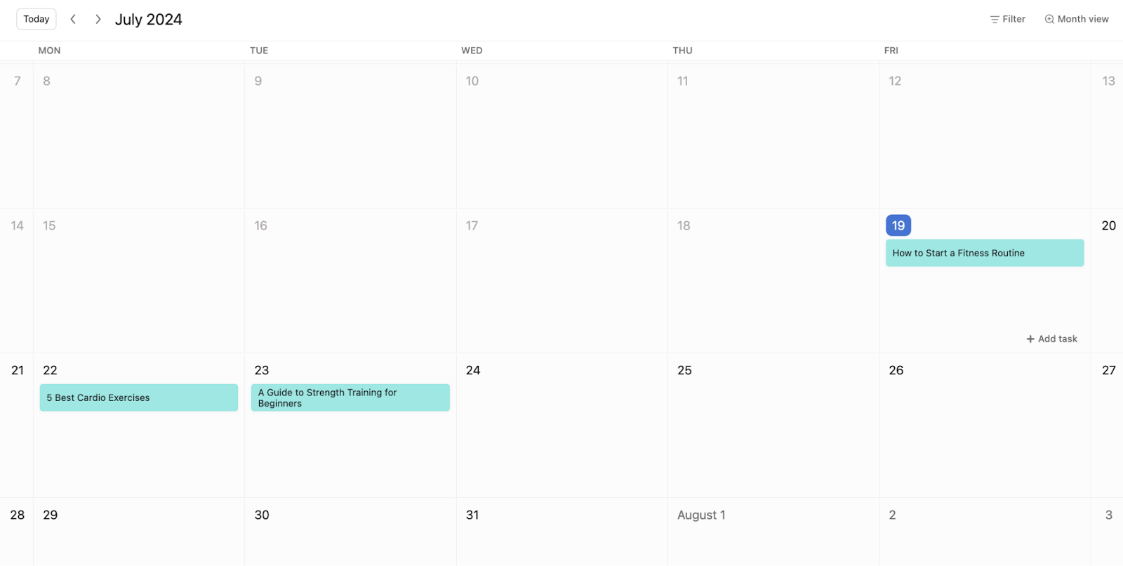 Il calendario dei contenuti di Asana nella vista calendario mostra i contenuti in arrivo