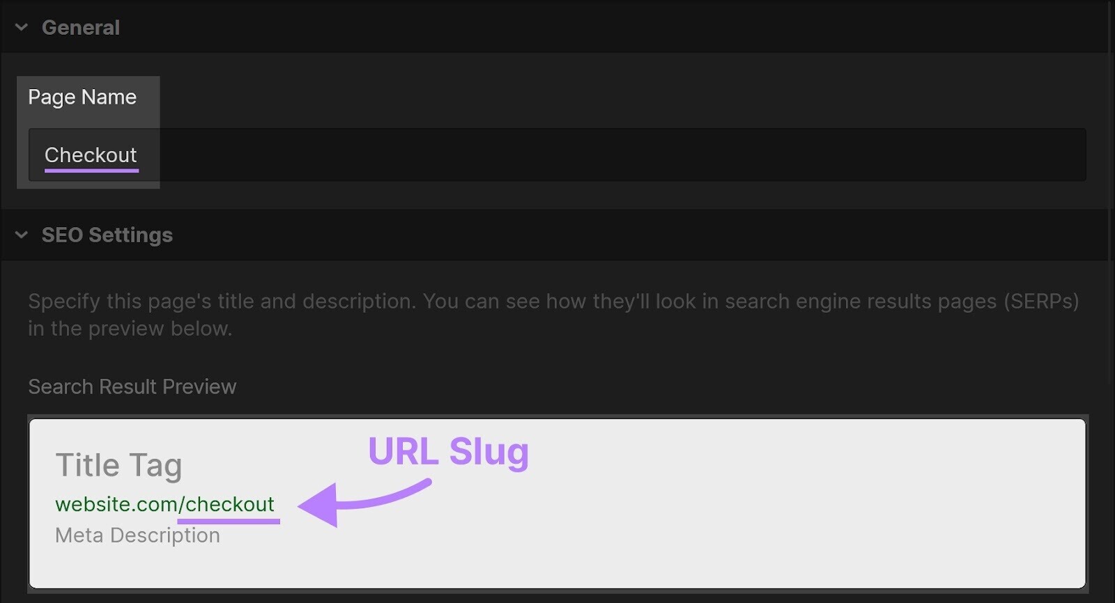 "URL slug" resaltado en la Configuración SEO de Webflow