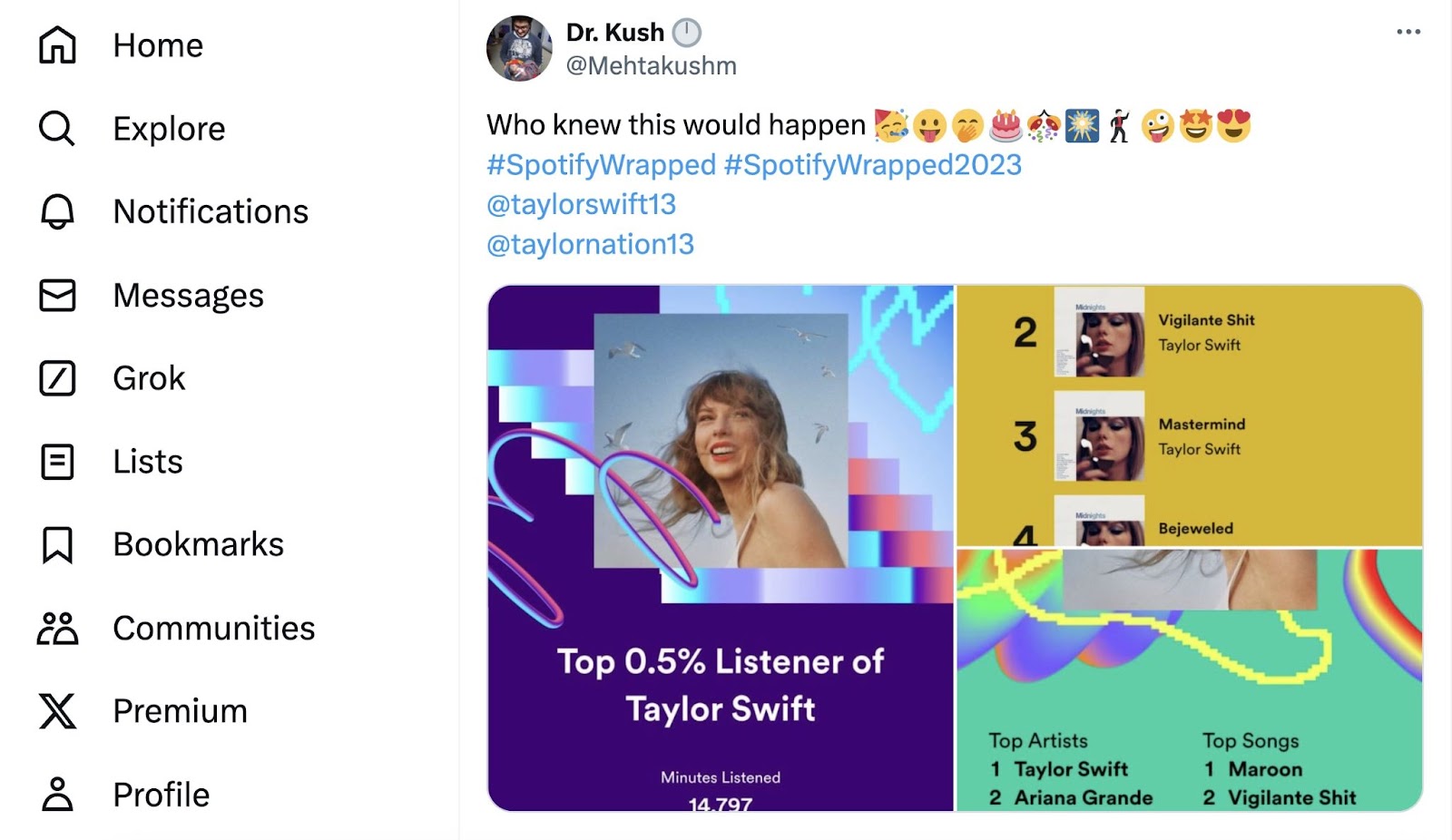 Spotify Wrapped results shared by an user on X