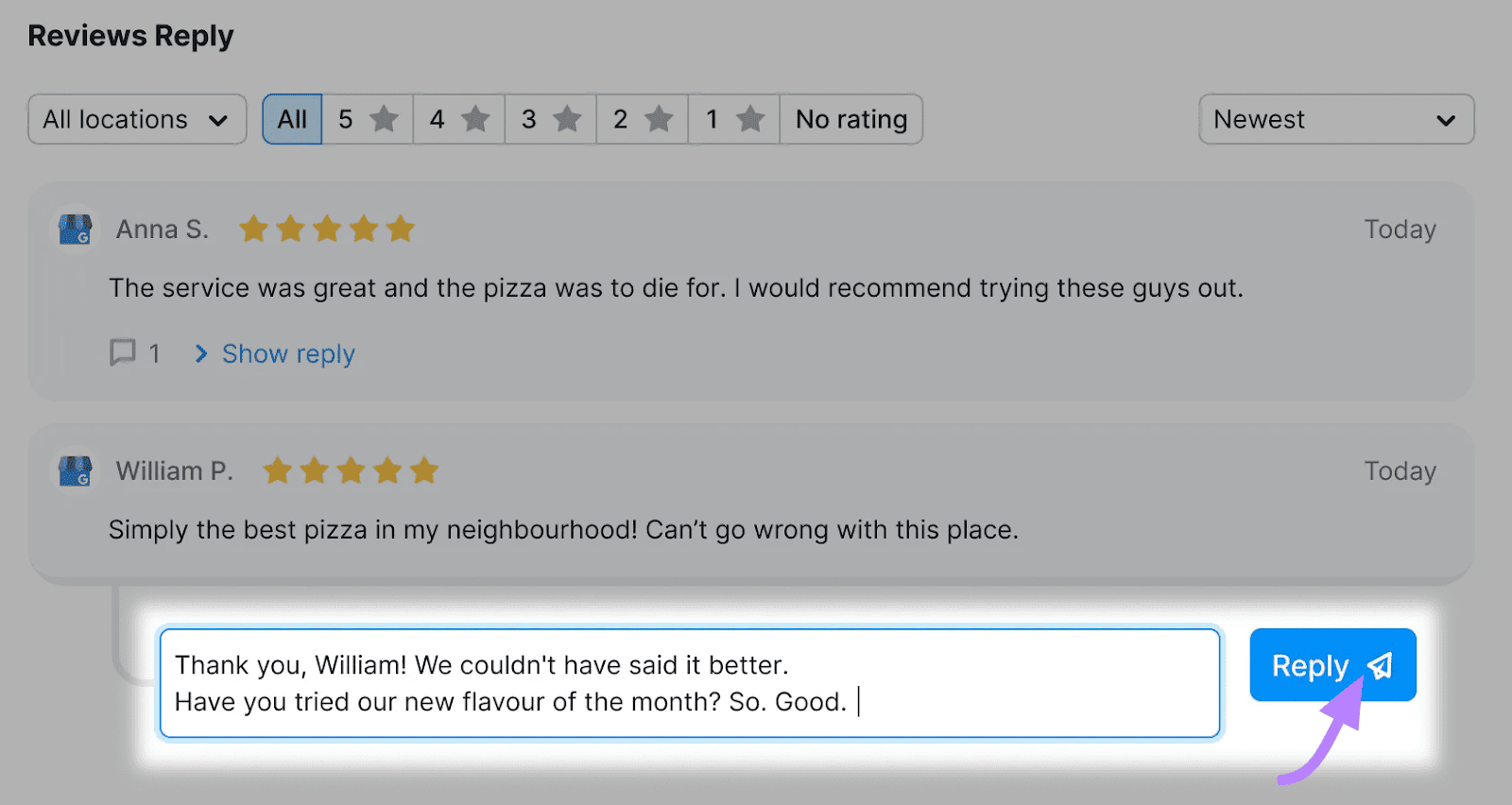 Replying to a review from the Review Management tool