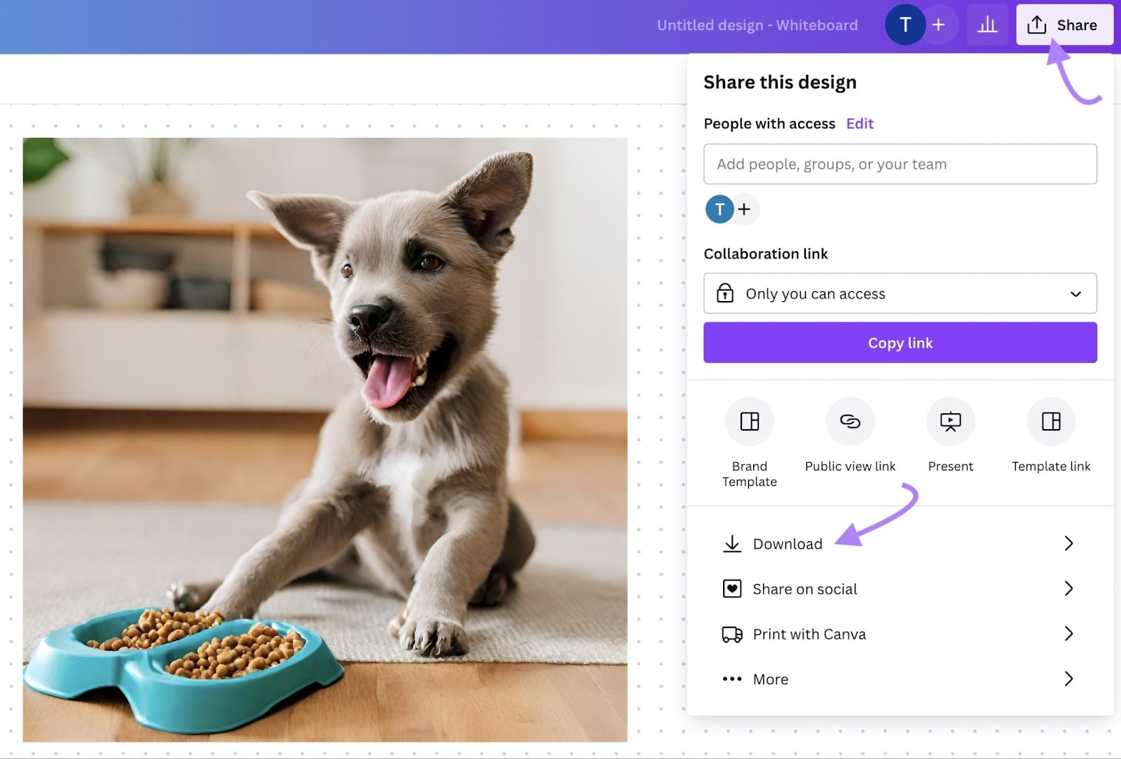Download a cute puppy eating  food image from Canva's Magic Media tool