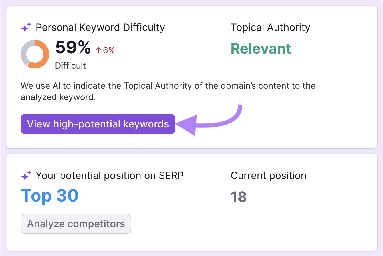 “View precocious   imaginable   keywords” beneath  "Personal Keyword Difficulty" clicked