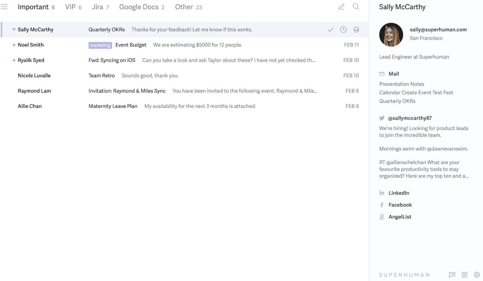 An email inbox organized with Superhuman