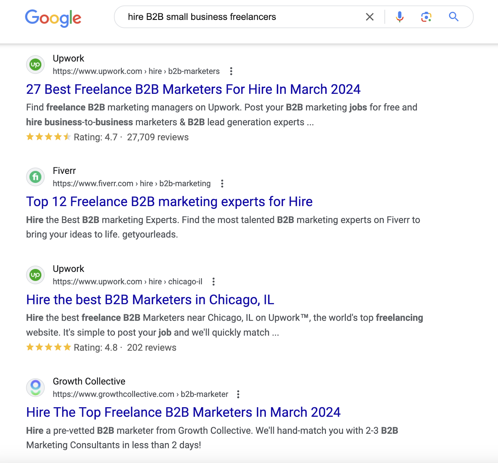 A Google search for “hire B2B small business freelancers” returns a variety of freelancer marketplaces and agencies for outsourcing writing.