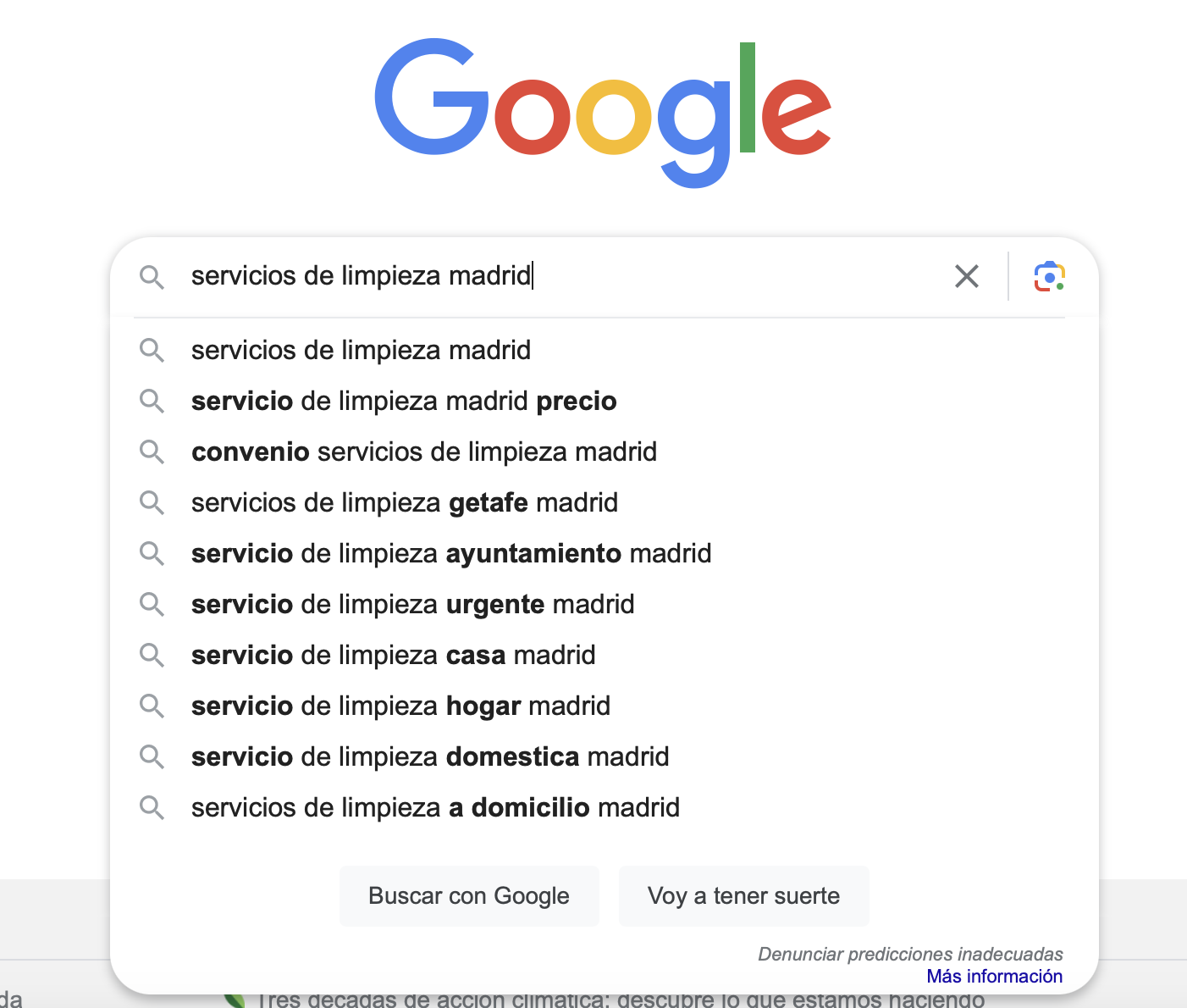 Sugerencias de autocompletar de Google para "servicios de limpieza Madrid"