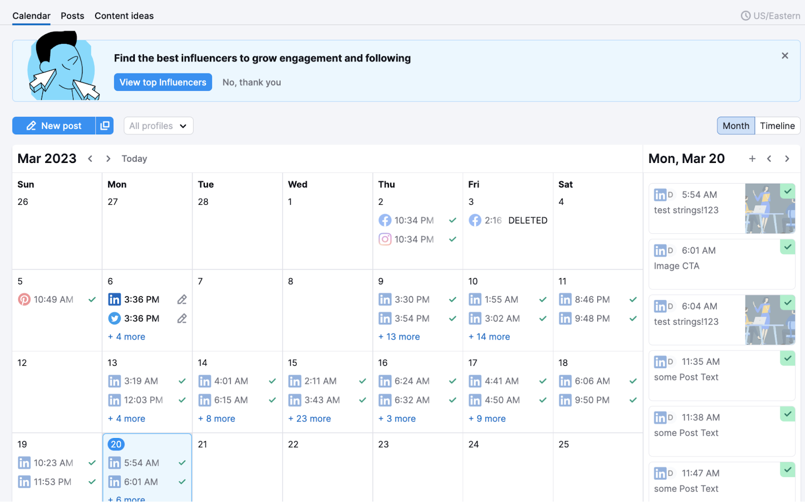 Semrush Social Poster calendar displaying LinkedIn, Instagram and Facebook posts scheduled for March 2023