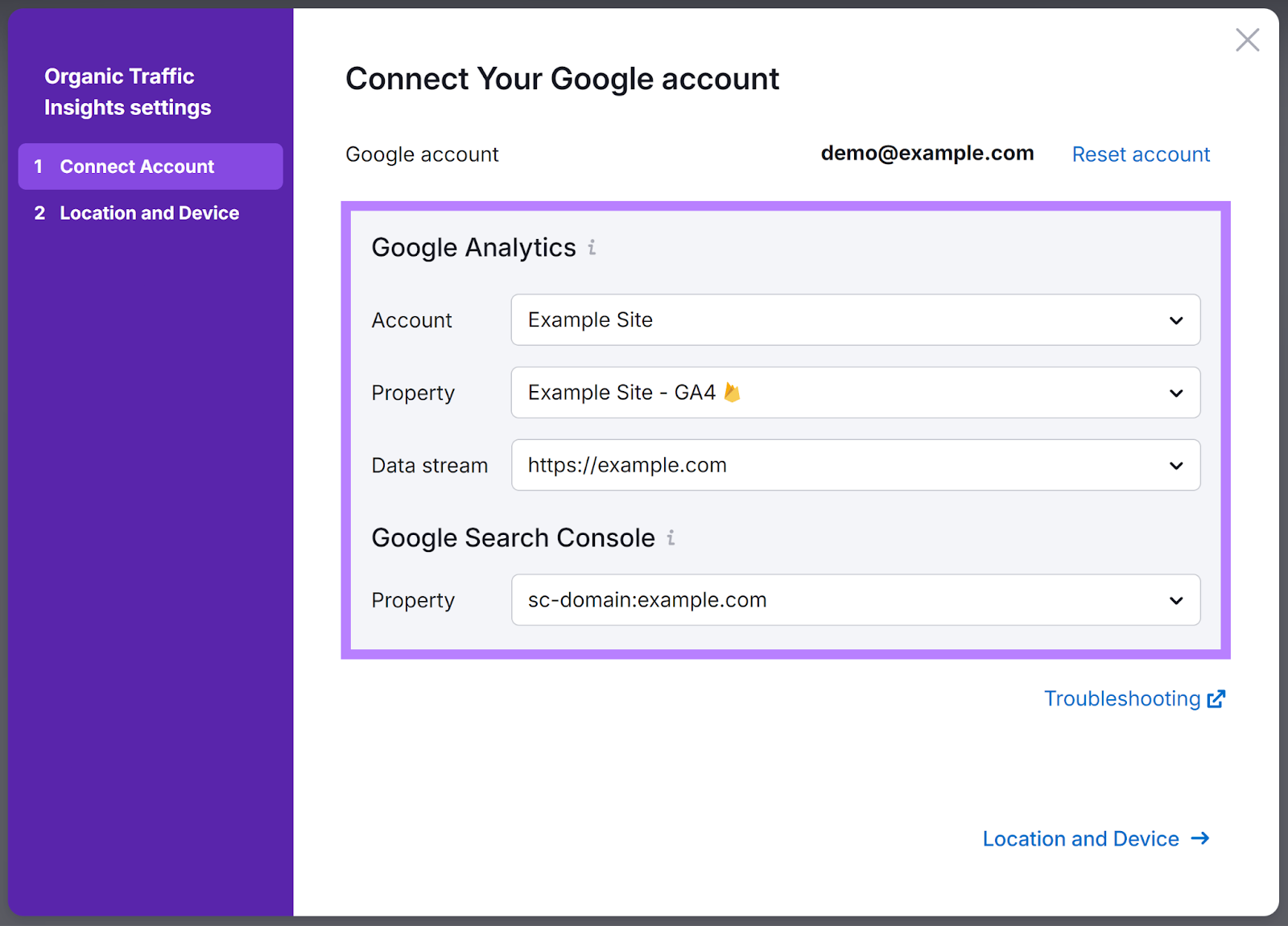 Organic Traffic Insights settings popup with Google relationship  connected