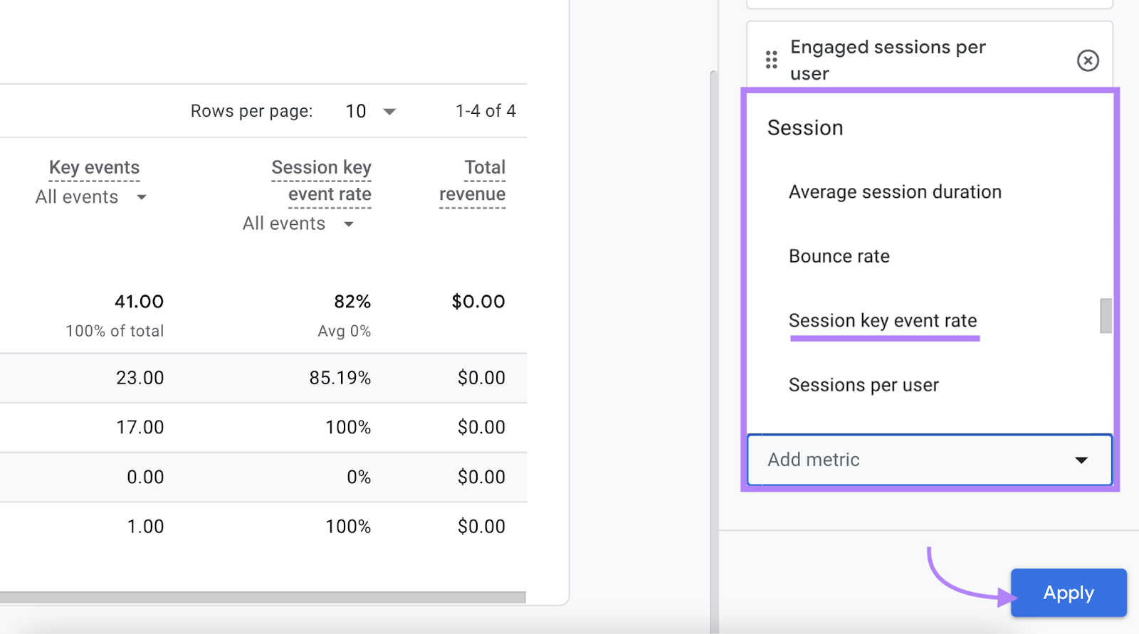 Session key event rate option highlighted. Apply button also highlighted.