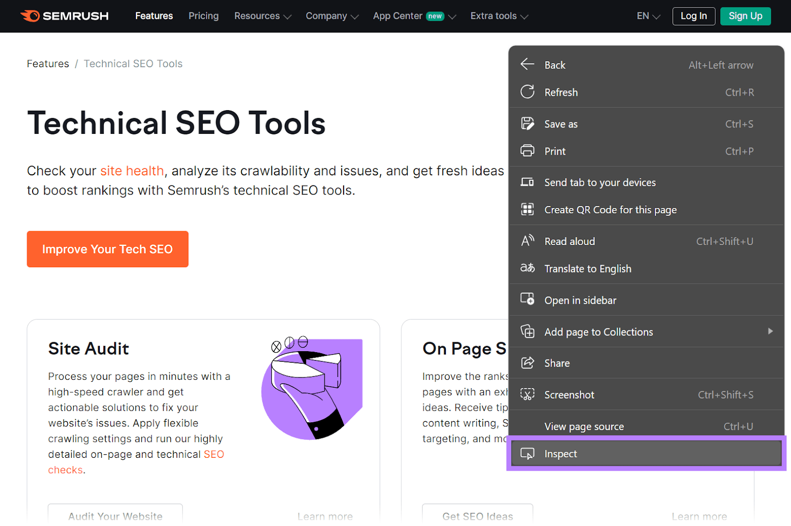 Semrush Technical SEO Tools page with right click menu shown and the inspect option highlighted.