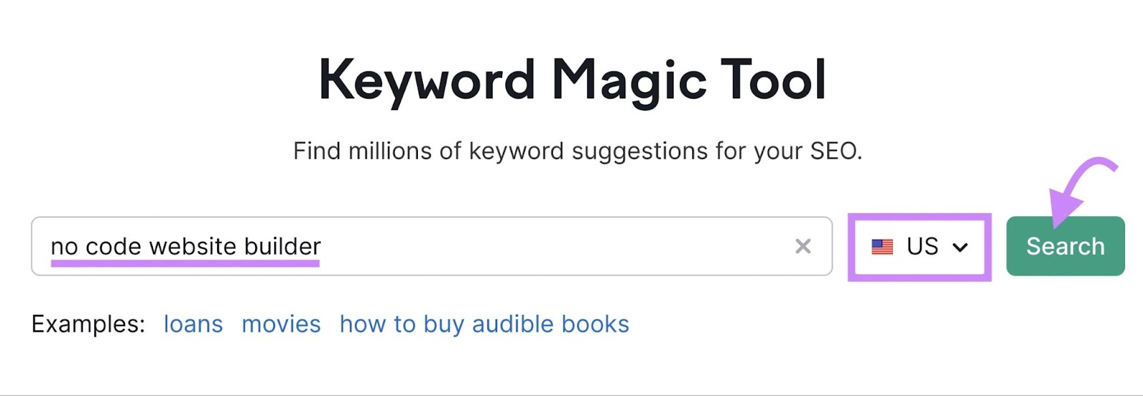 "no code website builder" entered into the Keyword Magic Tool search bar