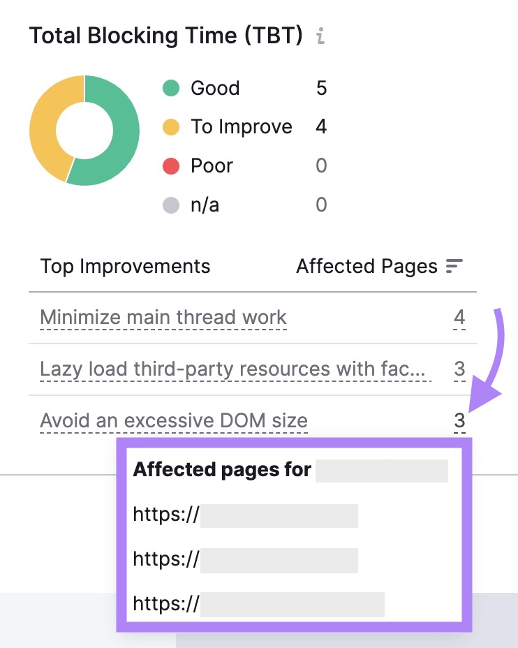 Clicking on the number under the “Affected Pages” column on TBT for a full list of pages with excessive DOM size.
