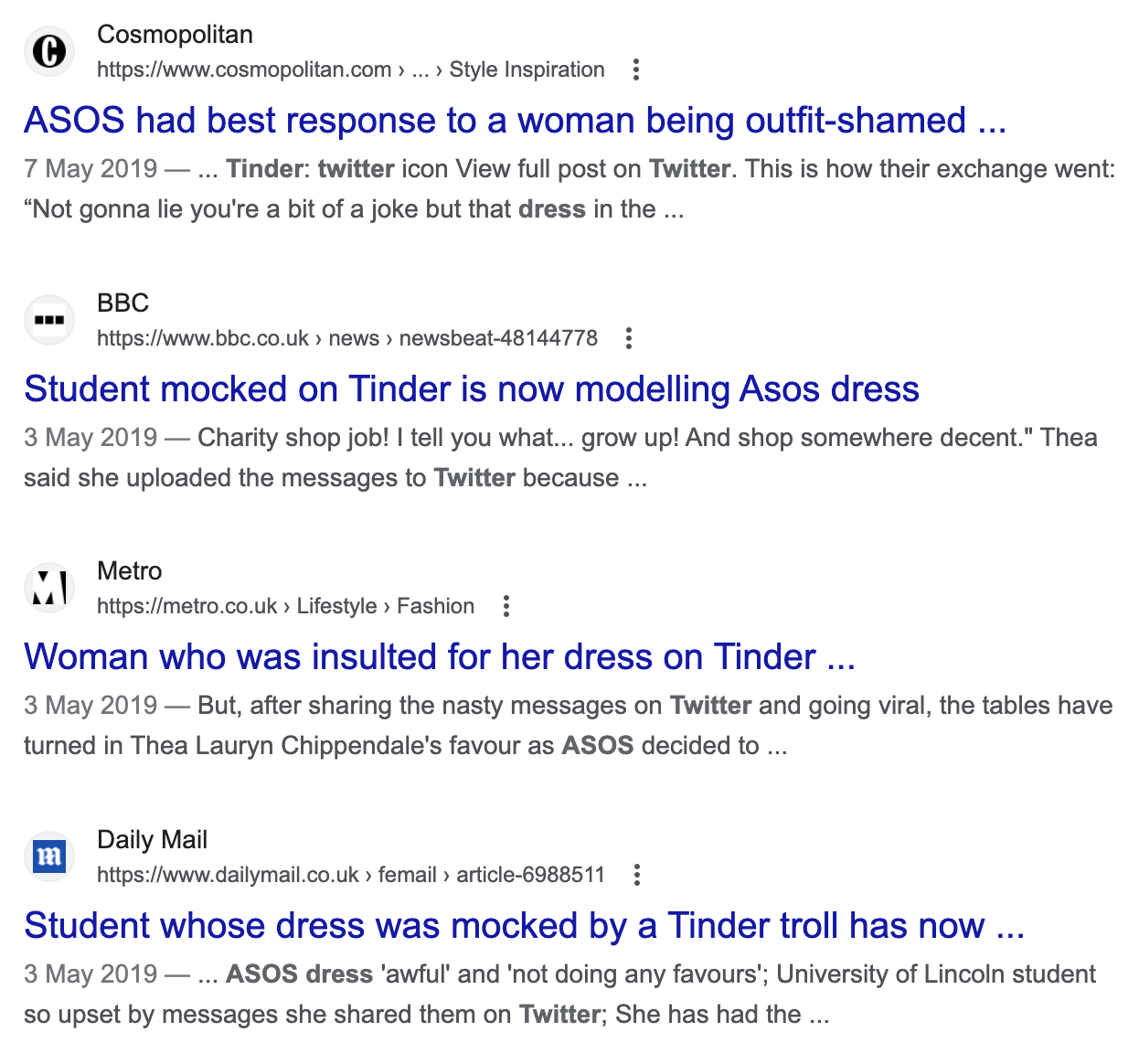 Google SERP featuring news about Thea and ASOS story