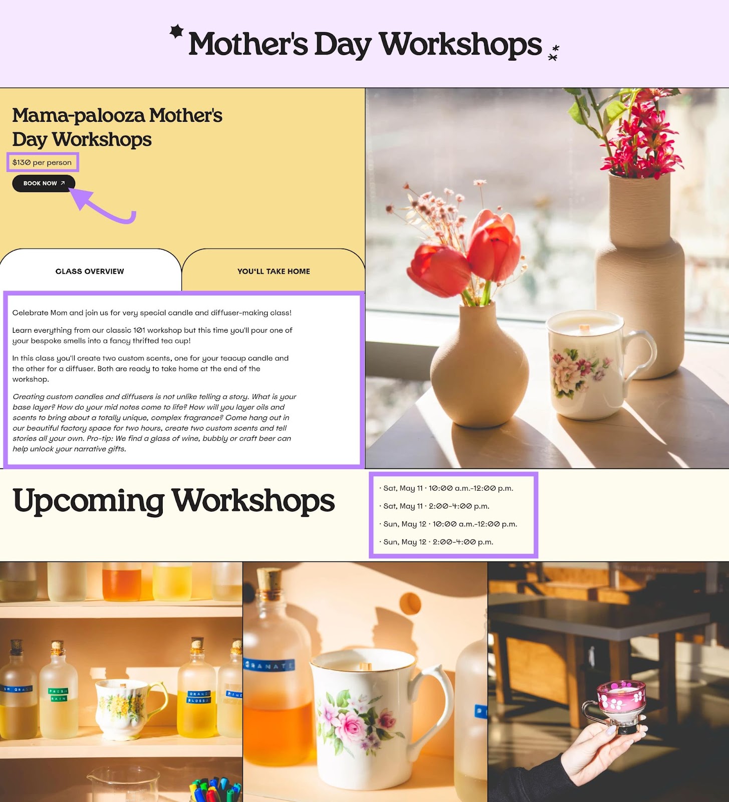 Mother's Day workshops details alongside vases of pink flowers, cups of hot drinks, and craft makes