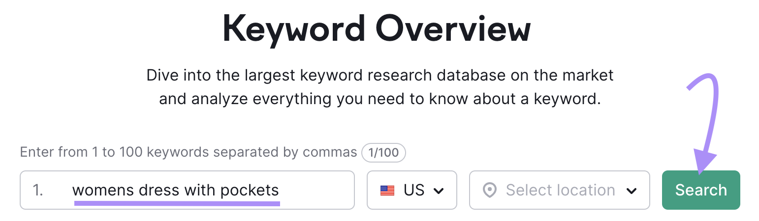 “womens dress with pockets" entered into the Keyword Overview search bar