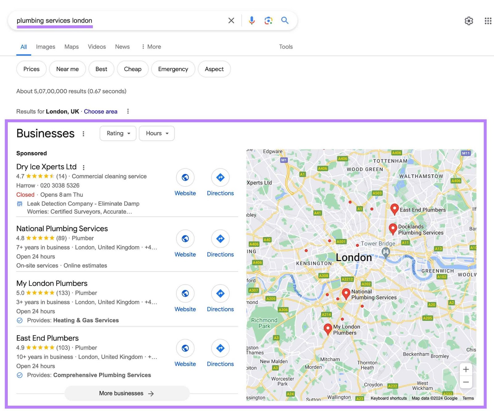 Google search results for "plumbing services london" showing the local pack with businesses.