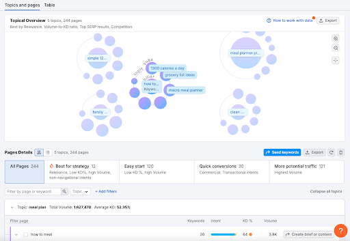 Keyword Strategy Builder Topics and Pages view