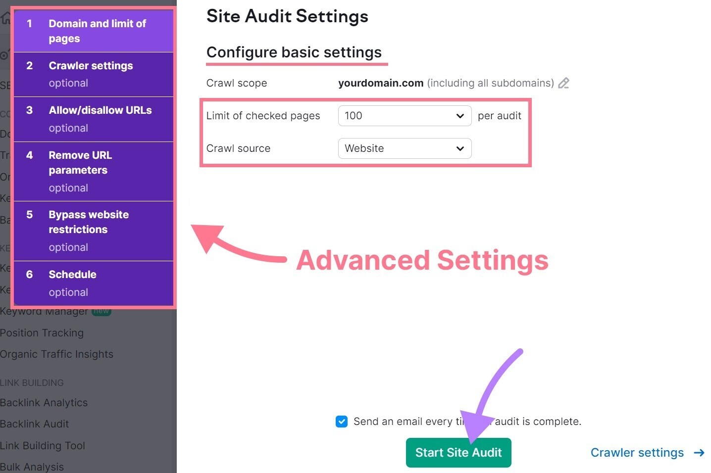 Página de Configuración de la Auditoría del Sitio