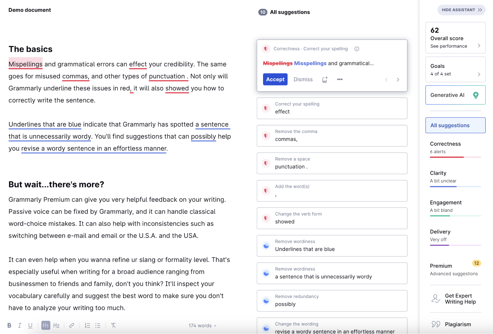 Grammarly's user interface, showing suggestions on how to improve the text