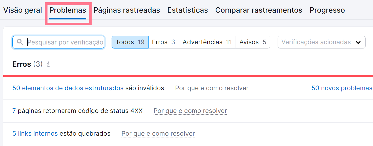 o que é e como fazer com que seu site seja indexado 13 aba problemas na ferramenta auditoria do site