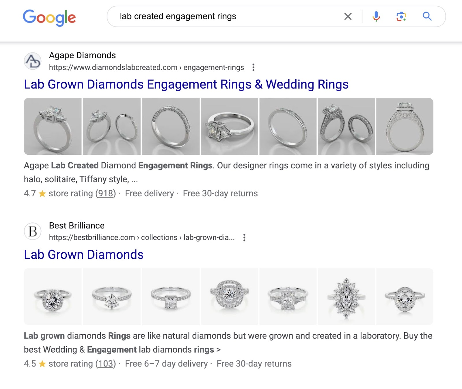 Google integrated  hunt  results for 'lab created engagement rings' keyword