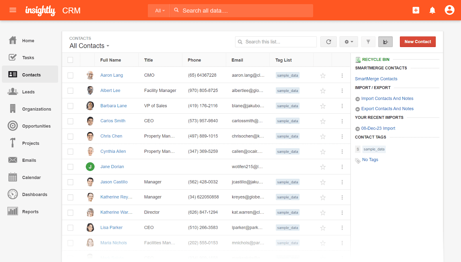 Insightly CRM contacts dashboard