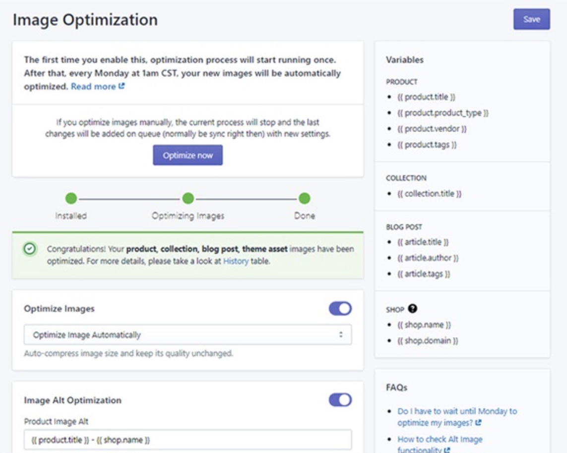 SEO Image Optimizer's "Image Optimization" page