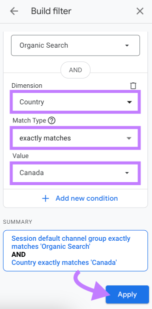 Adjust filter to include the organic traffic from Canada