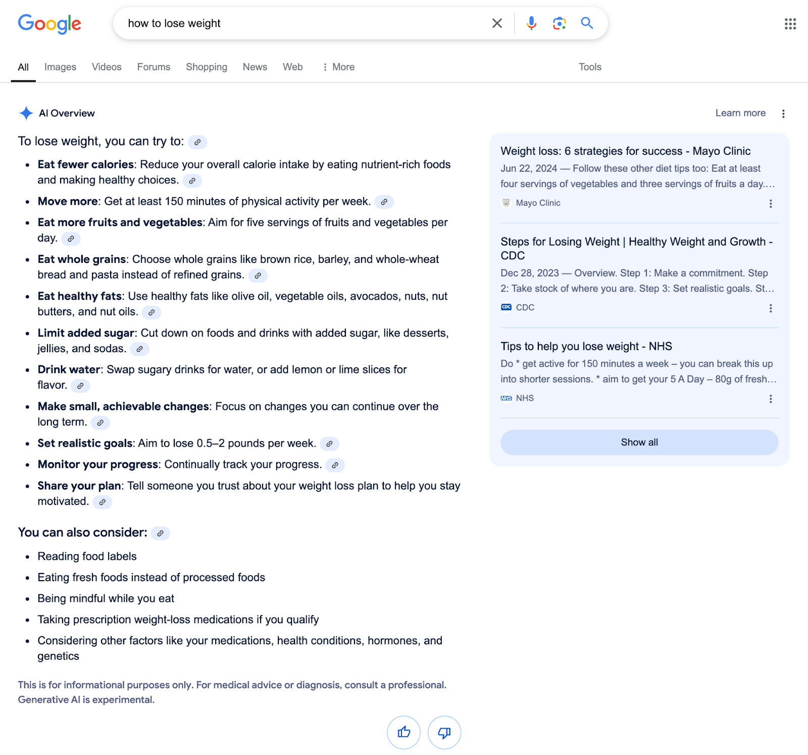 Google's AI Overview provides a bulleted list that answers the query and a list of sources used to create the list.