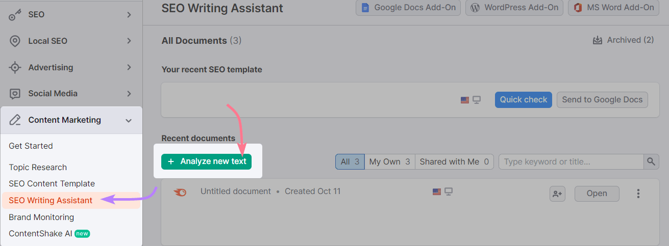 "SEO Writing Assistant" selected from the navigation