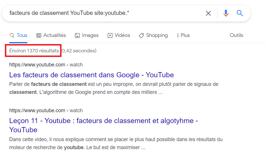 Nombre de résultats sur YouTube