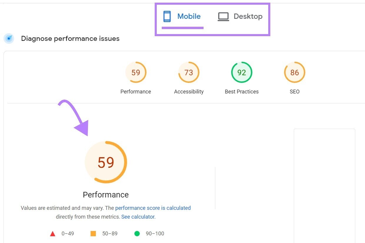 Performance score showing 59 in Google Page Speed Insights for mobile