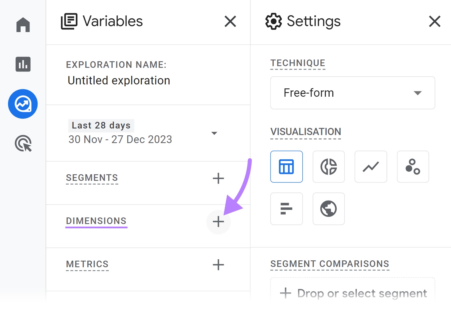 Icono "+" resaltado junto a "DIMENSIONES"