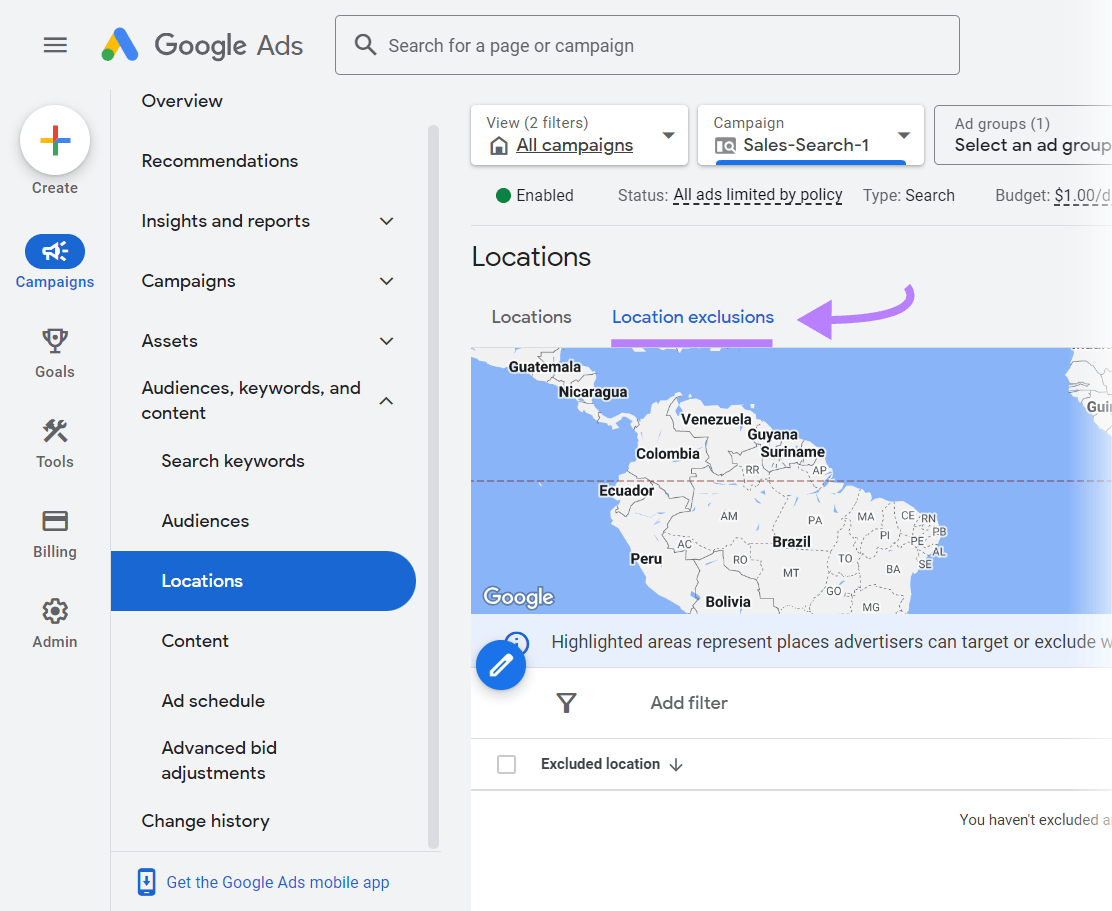 “Location exclusions” tab highlighted