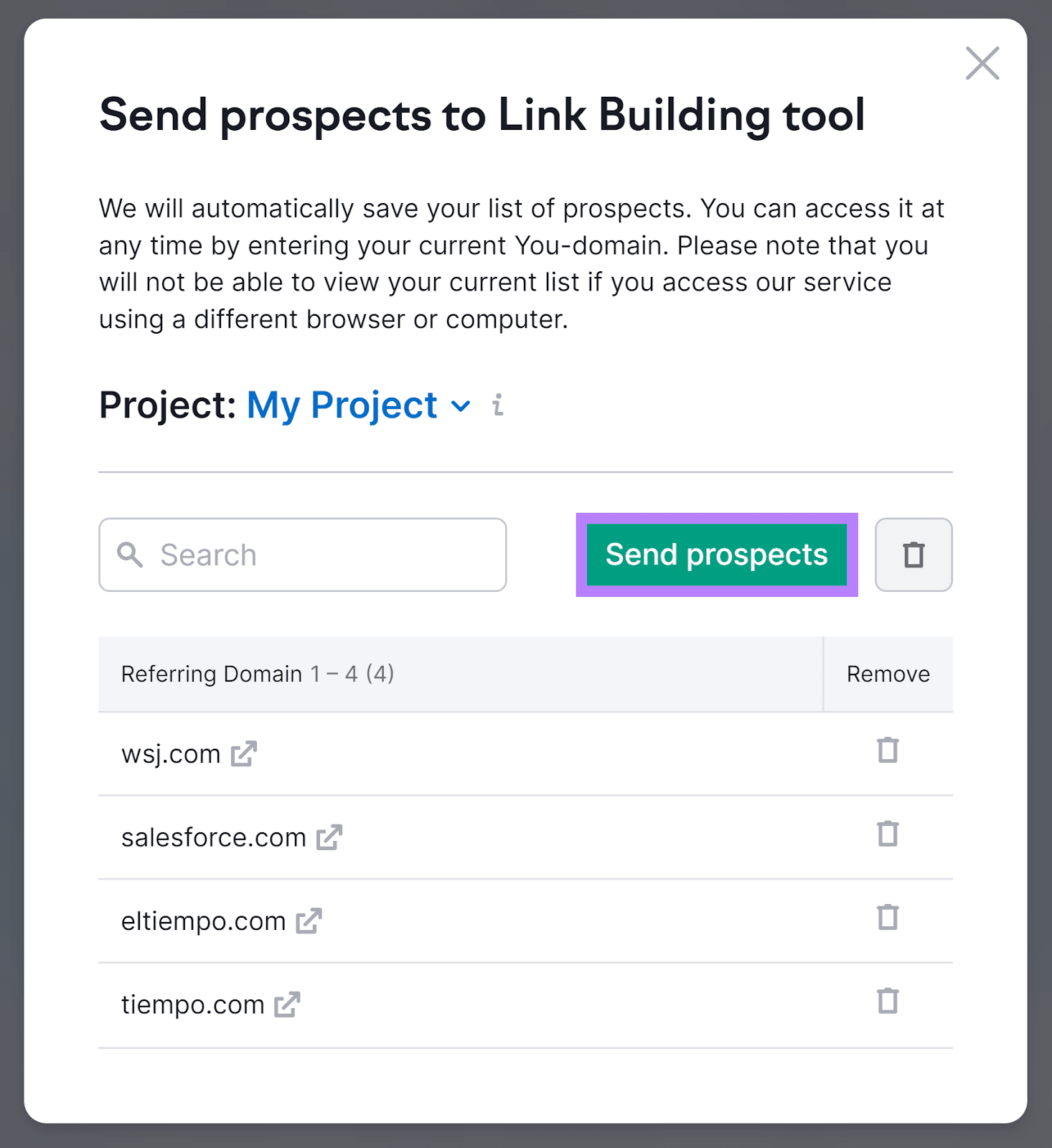 'Send prospects' button highlighted in Semrush Backlink Gap tool
